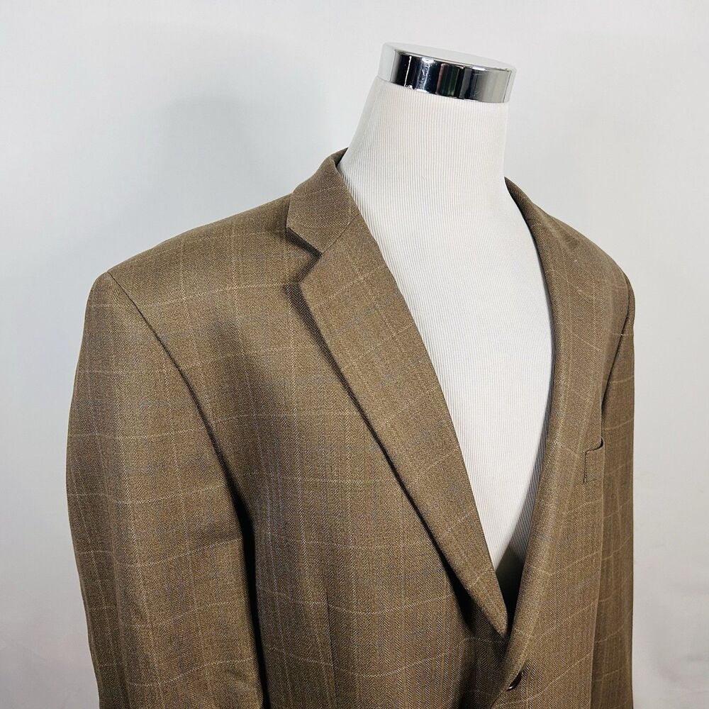 Joseph & Feiss 50R Sport Coat Wool Herringbone Plaid Beige Two Button Vented
